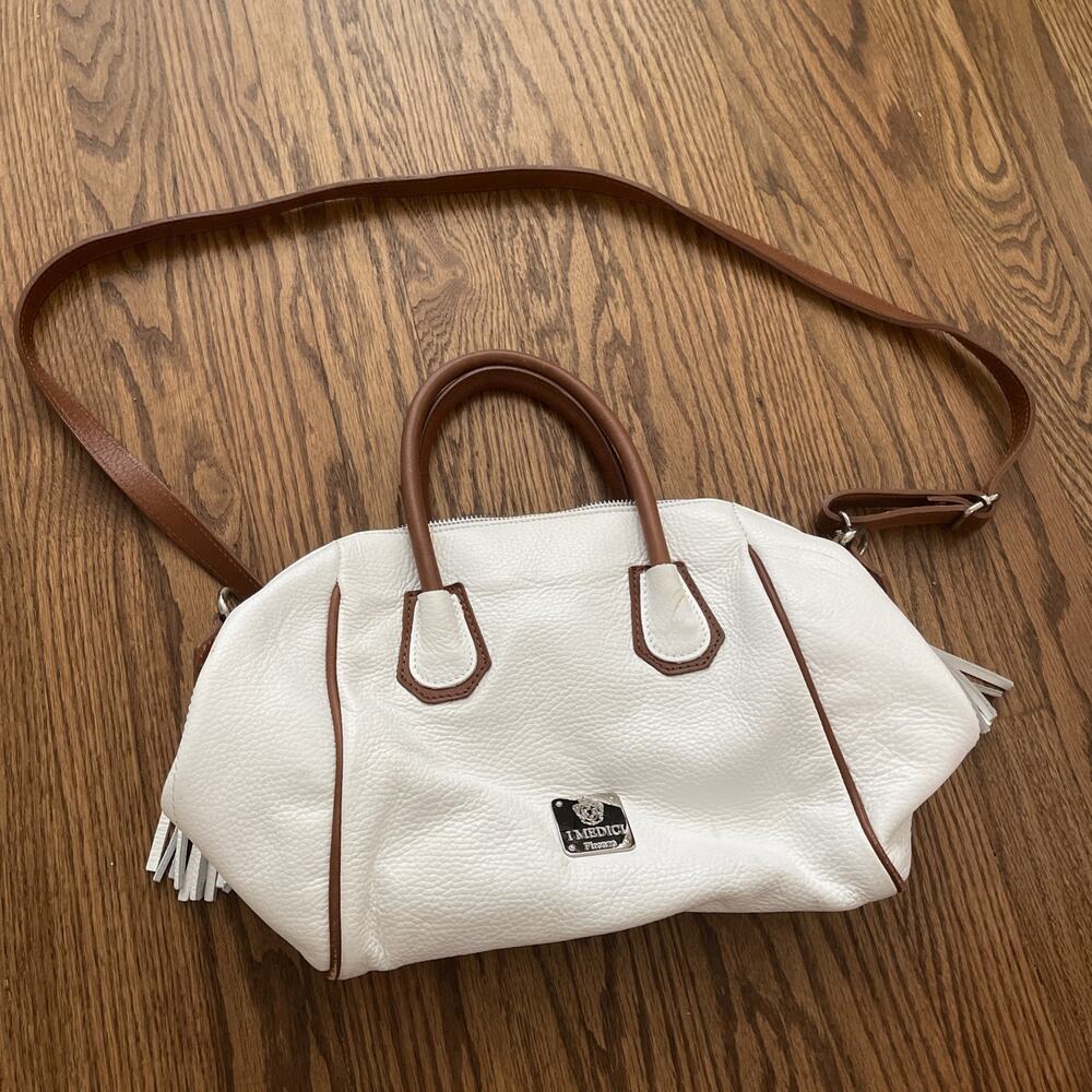 I Medici Firenze Pebbled Leather Purse Crossbody Handled White Brown Tassels
